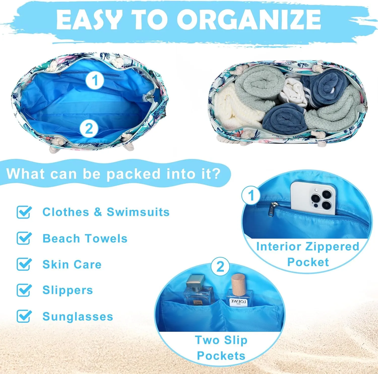 Kasqo Beach Bags for Women, Large Waterproof Beach Bag Tote Zipper Swim Pool Bag with Small Pouch for Grocery Travel Vacation