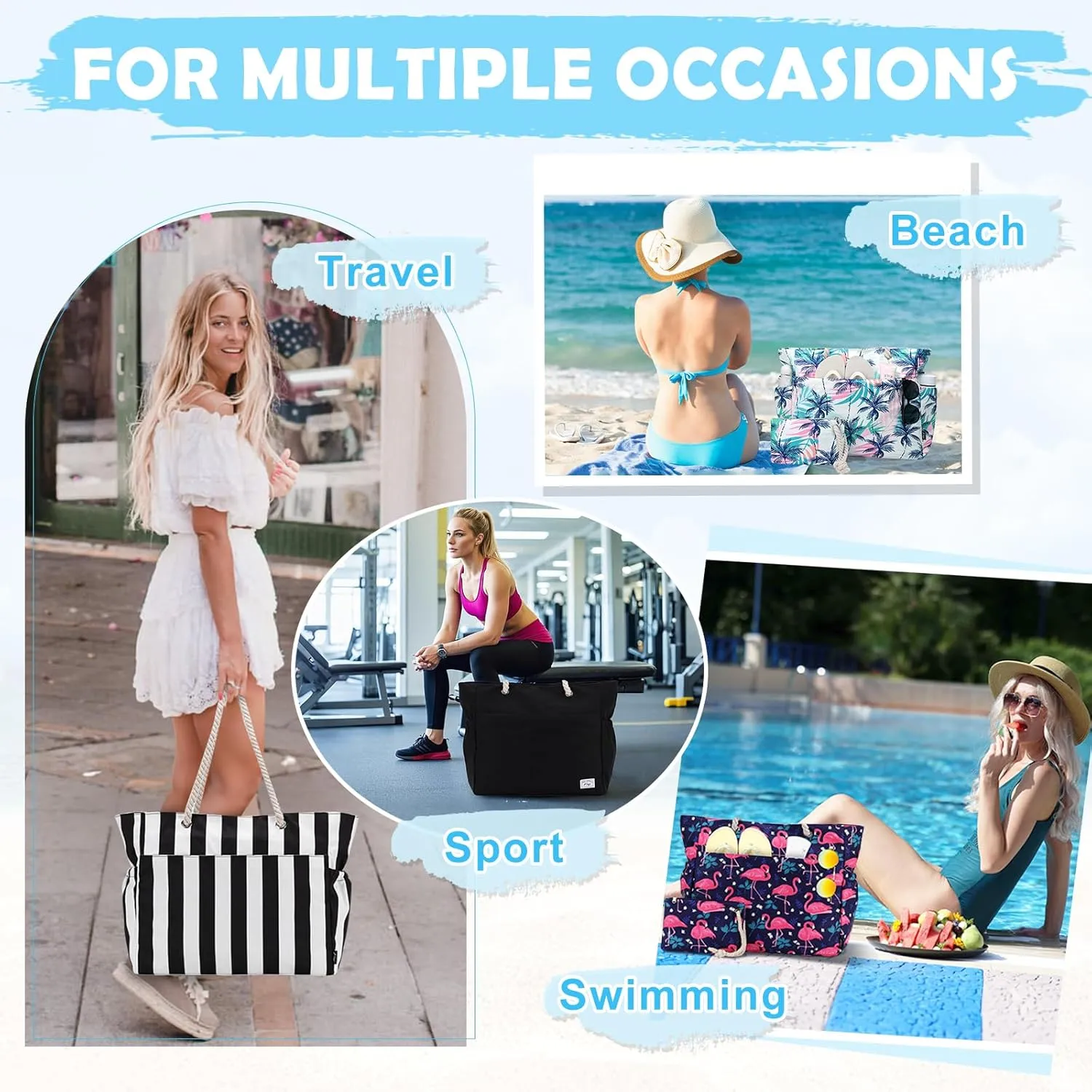 Kasqo Beach Bags for Women, Large Waterproof Beach Bag Tote Zipper Swim Pool Bag with Small Pouch for Grocery Travel Vacation