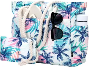 Kasqo Beach Bags for Women, Large Waterproof Beach Bag Tote Zipper Swim Pool Bag with Small Pouch for Grocery Travel Vacation