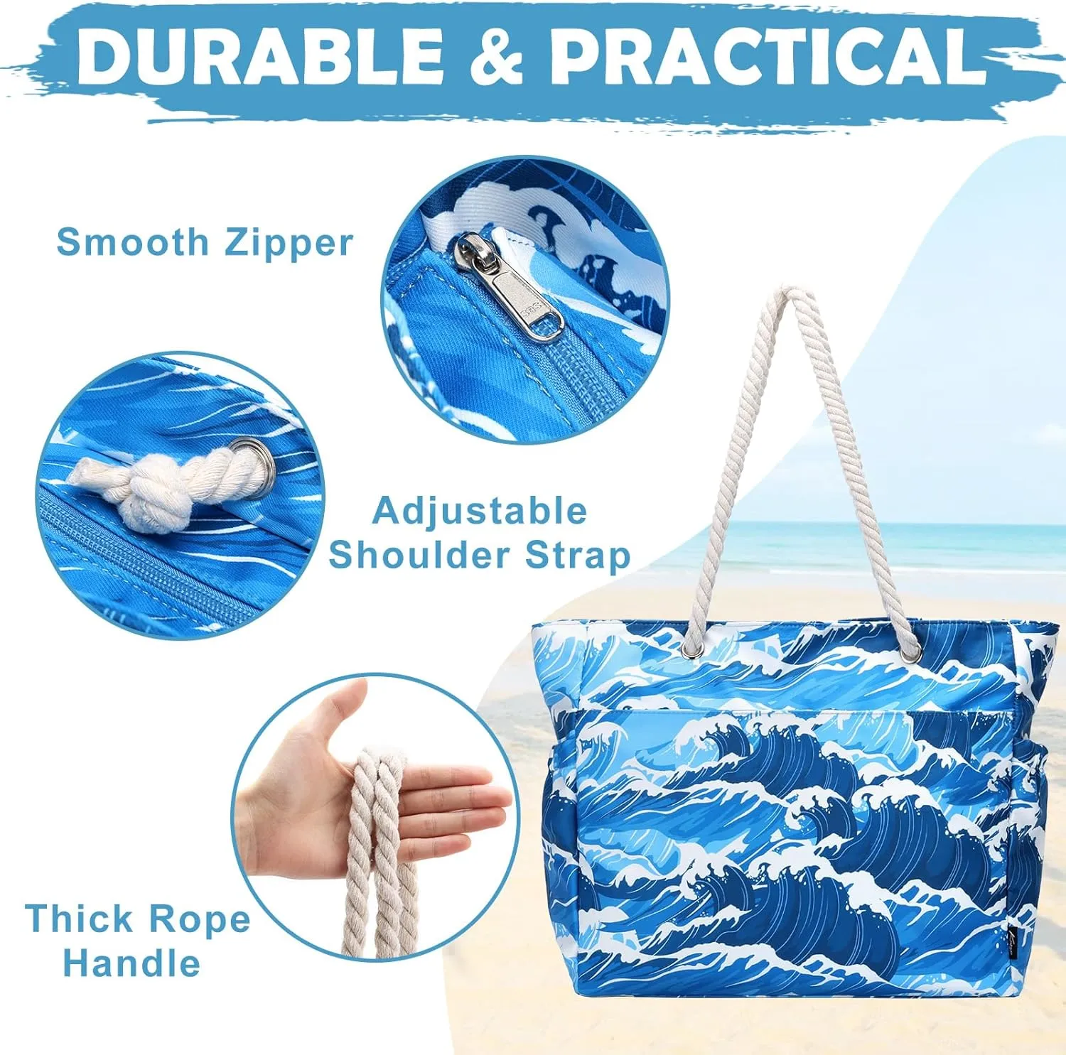 Kasqo Beach Bags for Women, Large Waterproof Beach Bag Tote Zipper Swim Pool Bag with Small Pouch for Grocery Travel Vacation