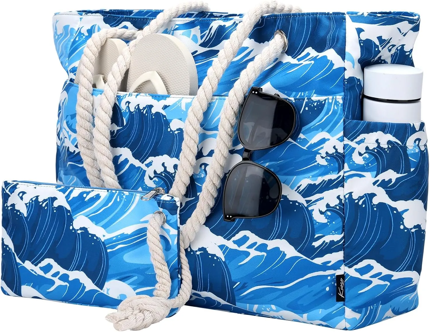 Kasqo Beach Bags for Women, Large Waterproof Beach Bag Tote Zipper Swim Pool Bag with Small Pouch for Grocery Travel Vacation