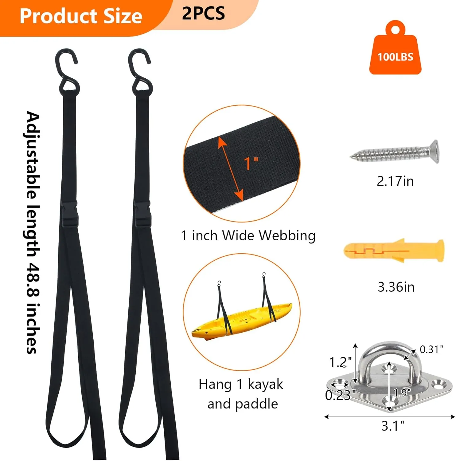 Kayak Storage Strap,Kayak Hanging Straps 1in/1.5in Wide,Adjustable Kayak Wall Mount Straps,Kayak Storage Strap System With Paddle Loops for Hanging 1or 2 Kayak,Paddle Board,Surfboard,Canoe(2/4 Pack)