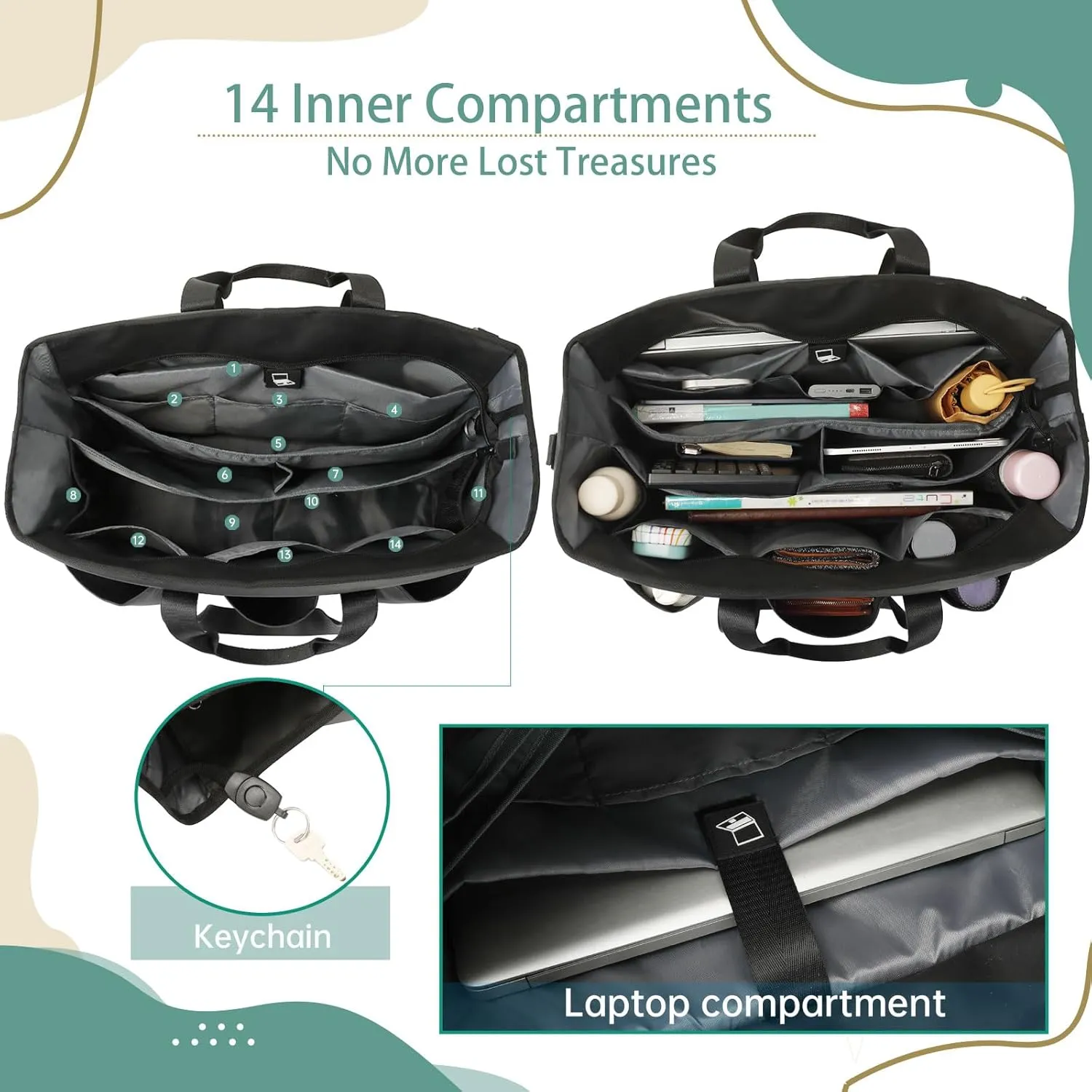 KEBEIXUAN Tote Bag for Women Work, Laptop Bag with Thick Bottom, Waterproof, 22 Pockets for Teacher, Nurse, Professionals