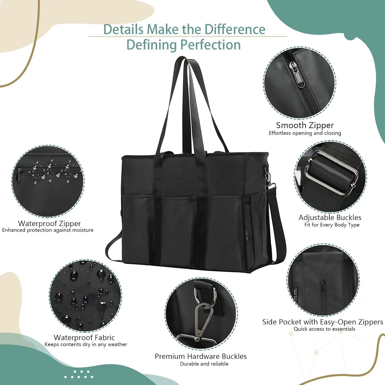 KEBEIXUAN Tote Bag for Women Work, Laptop Bag with Thick Bottom, Waterproof, 22 Pockets for Teacher, Nurse, Professionals