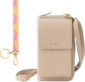 KEDZIE Eclipse Smartphone Crossbody Bag (Cream) & Eclipse Vegan Leather Wristlet Key Chain Holder (Peony in Pink)