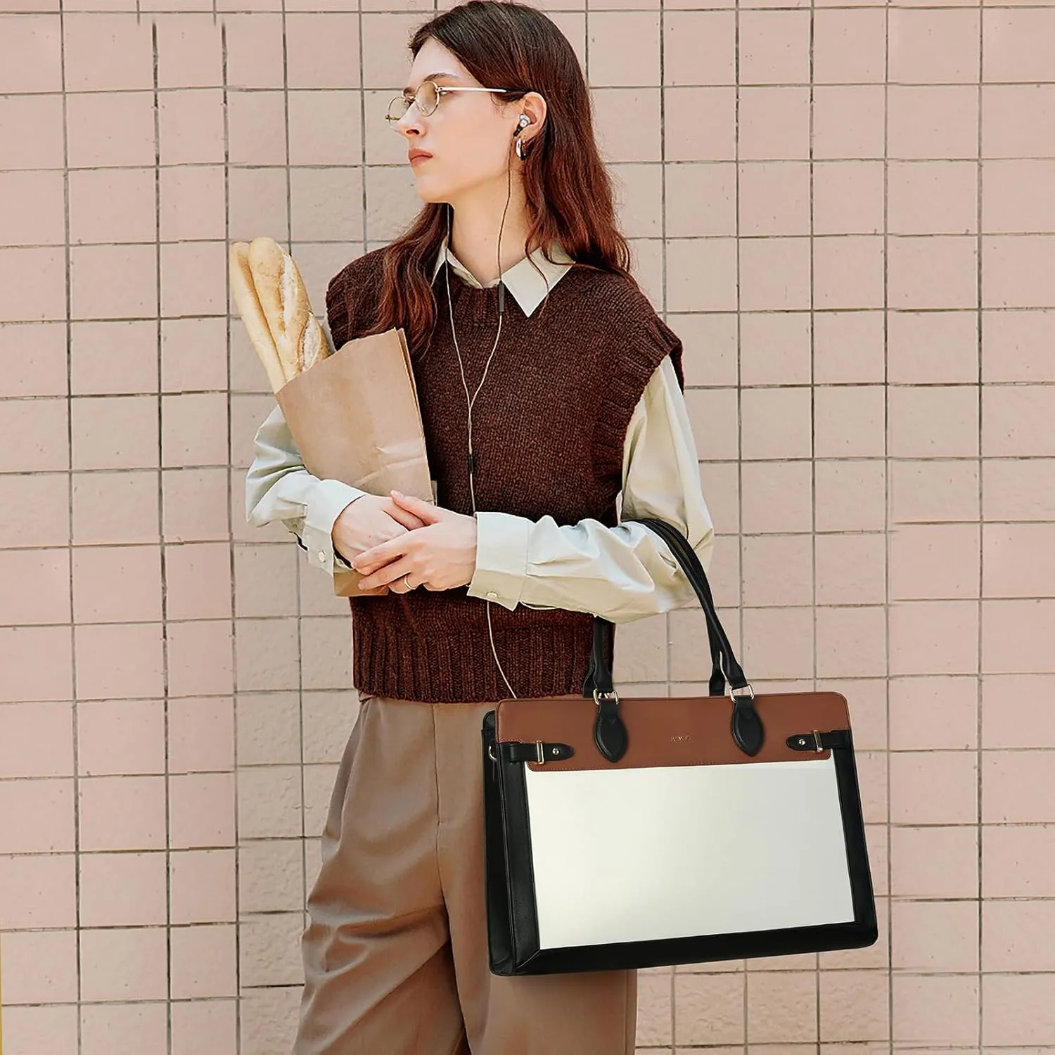 Keyli 3pc Laptop Tote Bag for Women 15.6 Inch Work Bag Business Computer Briefcase Waterproof Leather Messenger Bags Purses