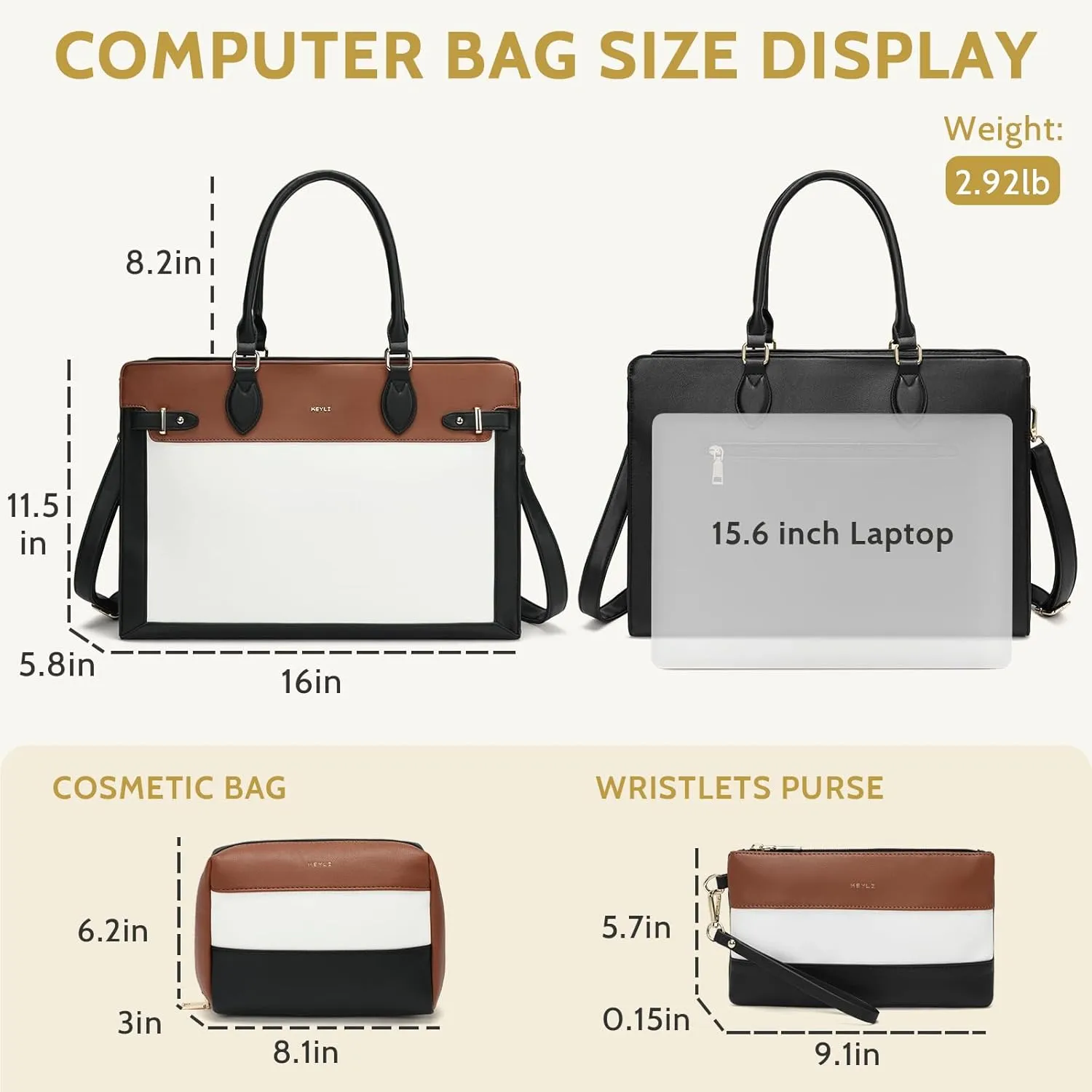 Keyli 3pc Laptop Tote Bag for Women 15.6 Inch Work Bag Business Computer Briefcase Waterproof Leather Messenger Bags Purses