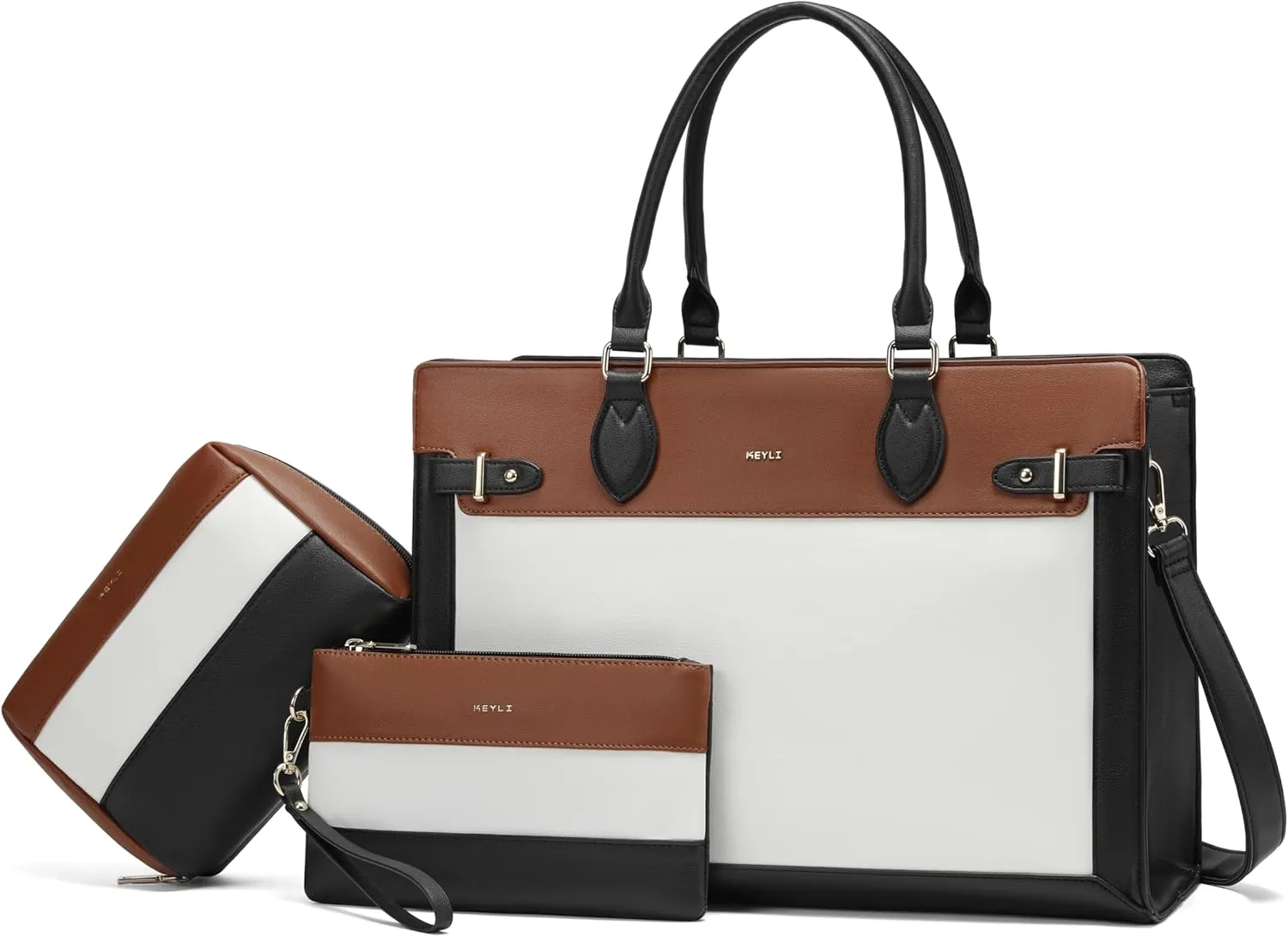 Keyli 3pc Laptop Tote Bag for Women 15.6 Inch Work Bag Business Computer Briefcase Waterproof Leather Messenger Bags Purses