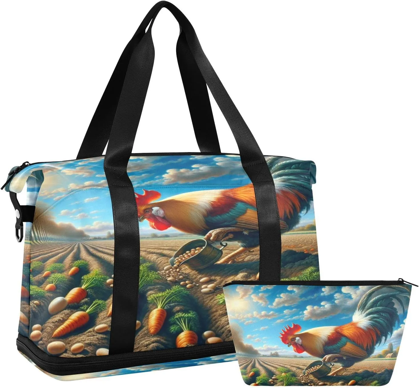 Kigai Farmland Rooster Travel Duffle Bag for Women & Men Waterproof Sports Tote Gym Bag Shoulder Weekender Overnight Bag Carry on Luggage Bag with Shoe Compartment