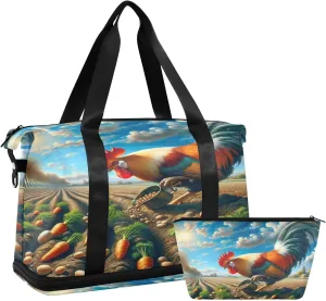 Kigai Farmland Rooster Travel Duffle Bag for Women & Men Waterproof Sports Tote Gym Bag Shoulder Weekender Overnight Bag Carry on Luggage Bag with Shoe Compartment