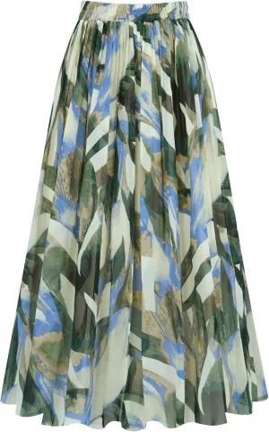 Kingfancy Women's Pleated Skirt Chiffon Elastic Waist A-Line Midi Length Skirt