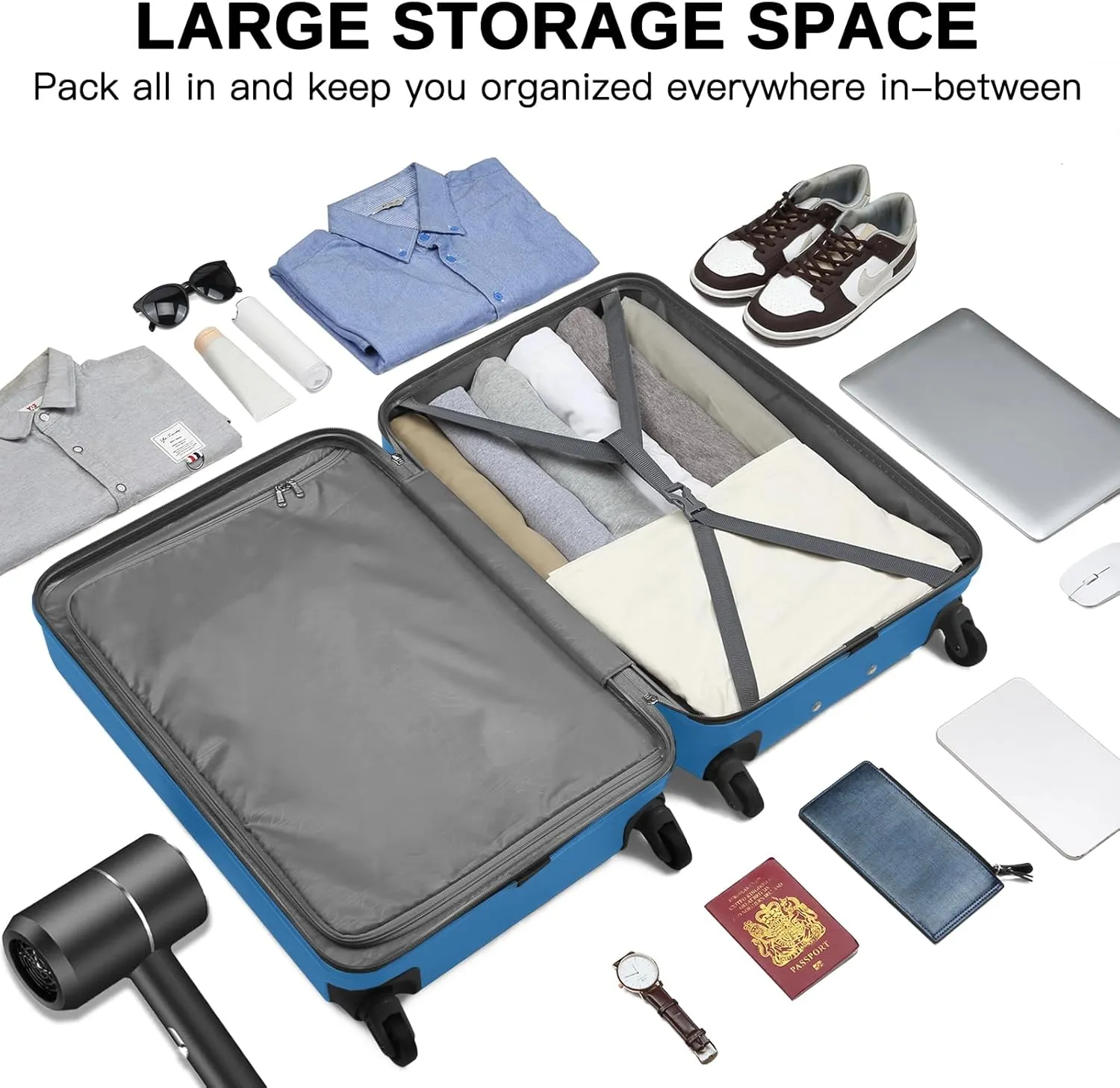 Kono Luggage Expandable(only 28") Suitcase Set 3Pcs   ABS Hardshell Suitcase with 360° Spinner Wheels, 20" 24" 28" Navy