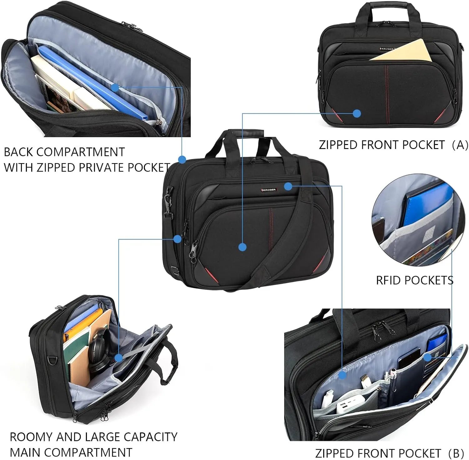 KROSER Laptop Bag 17.3 Inch Premium Laptop Briefcase, Expandable Water Repellent Laptop Shoulder Messenger Bag Durable Computer Case for Business/Travel/Men/Women (Black/Red)