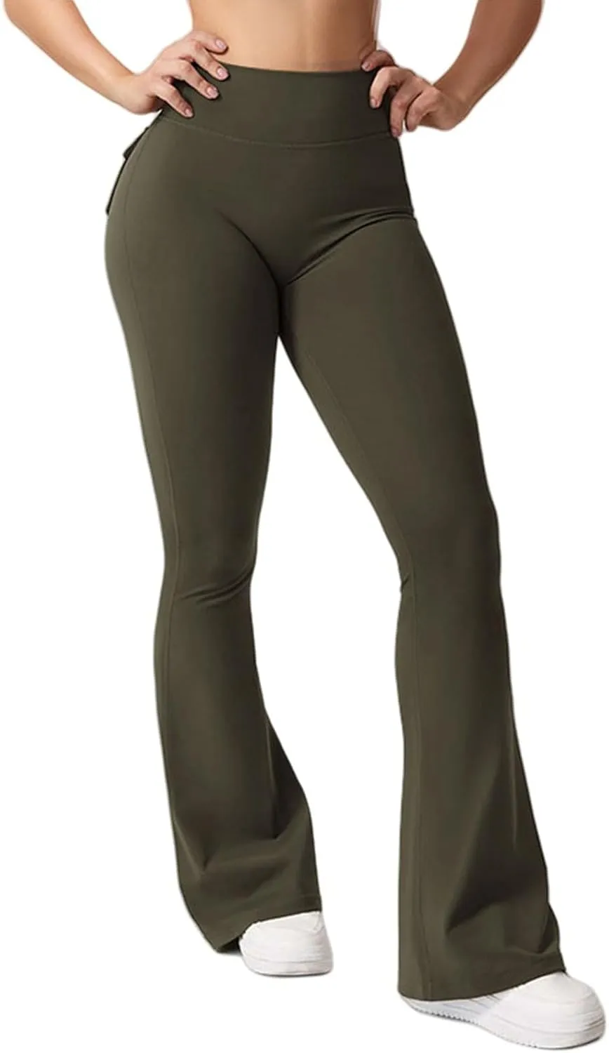 Kubbon Flare Leggings for Women Scrunch Butt Lifting Gym Yoga Pant Workout Leggings Casual Yoga Legging Trousers with Pockets