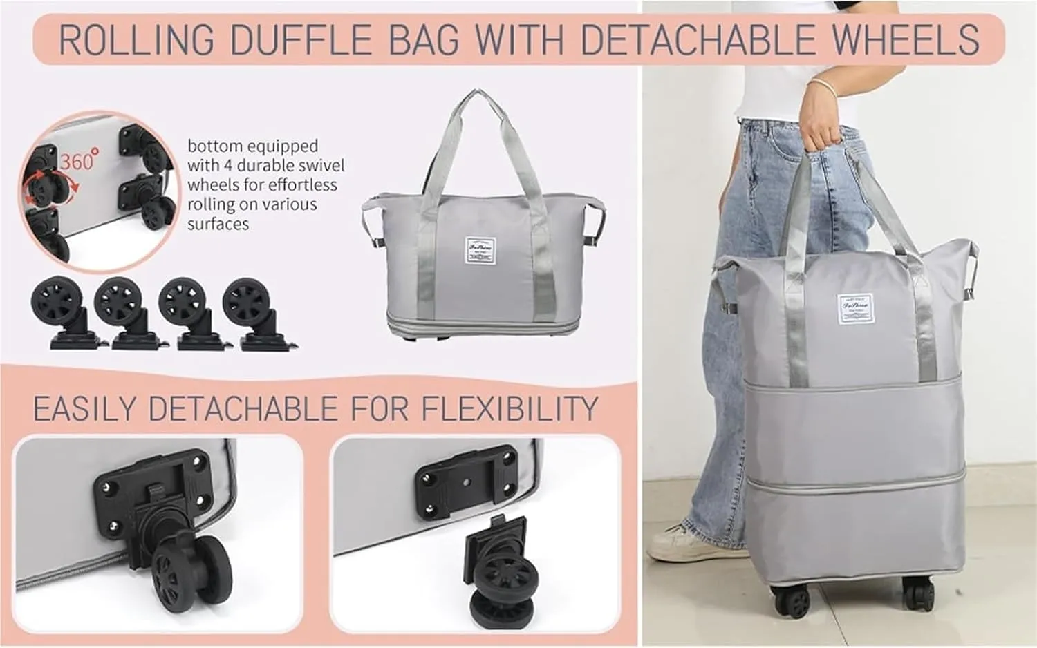 Kulken Travel Bag with Removable Wheels, 2025 New Large Capacity Travel Bag - Universal Wheel Removable(Black)