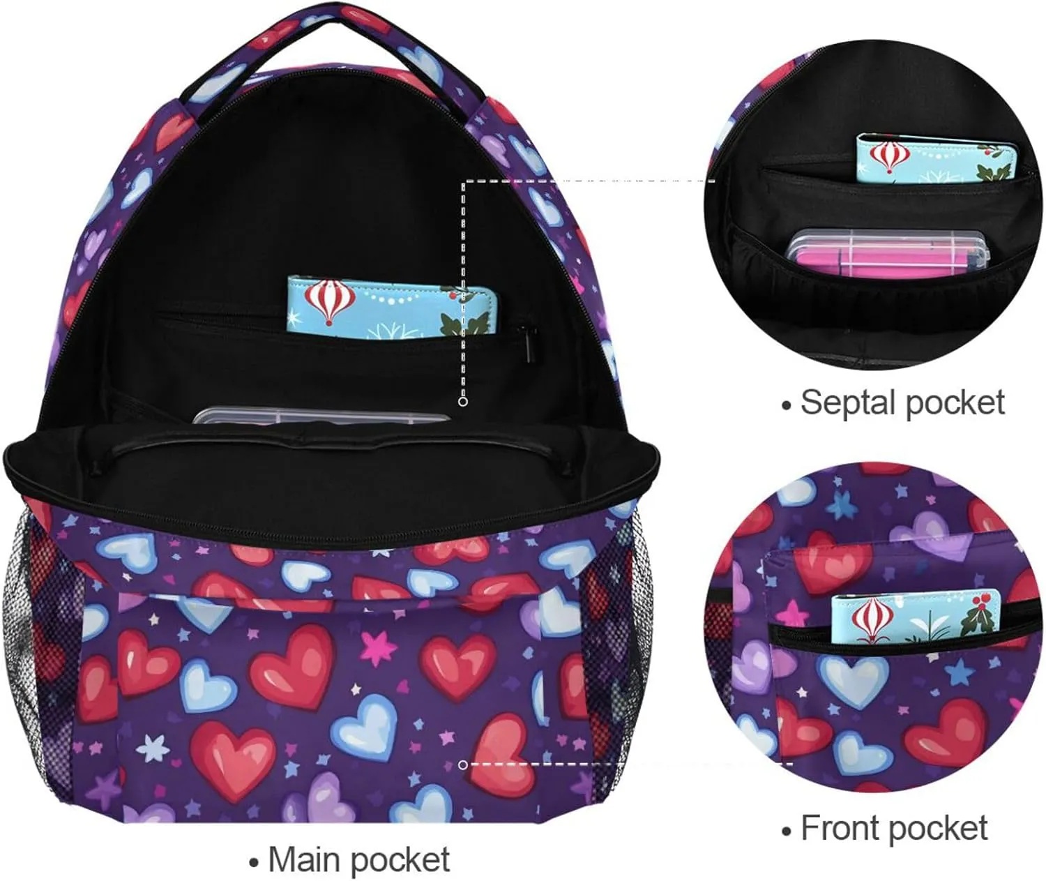 Laptop Backpack for Teenager Waterproof College School Computer Bag with Chest Strap for Travel Trip Purple Heart Day Red and Blue Stars