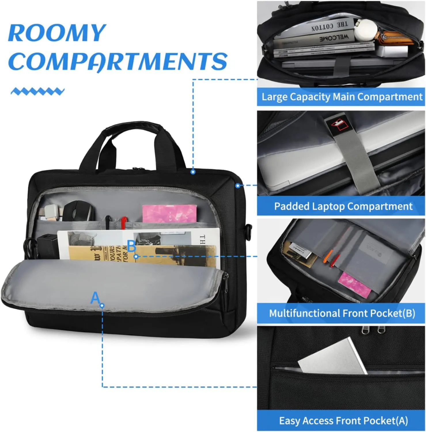 Laptop Bag 15.6 Inch Laptop Briefcase Computer Bag for Men Women Waterproof Business Office Work Large Laptop Case 15.6 Inch Adjustable Shoulder Messenger Bag Black