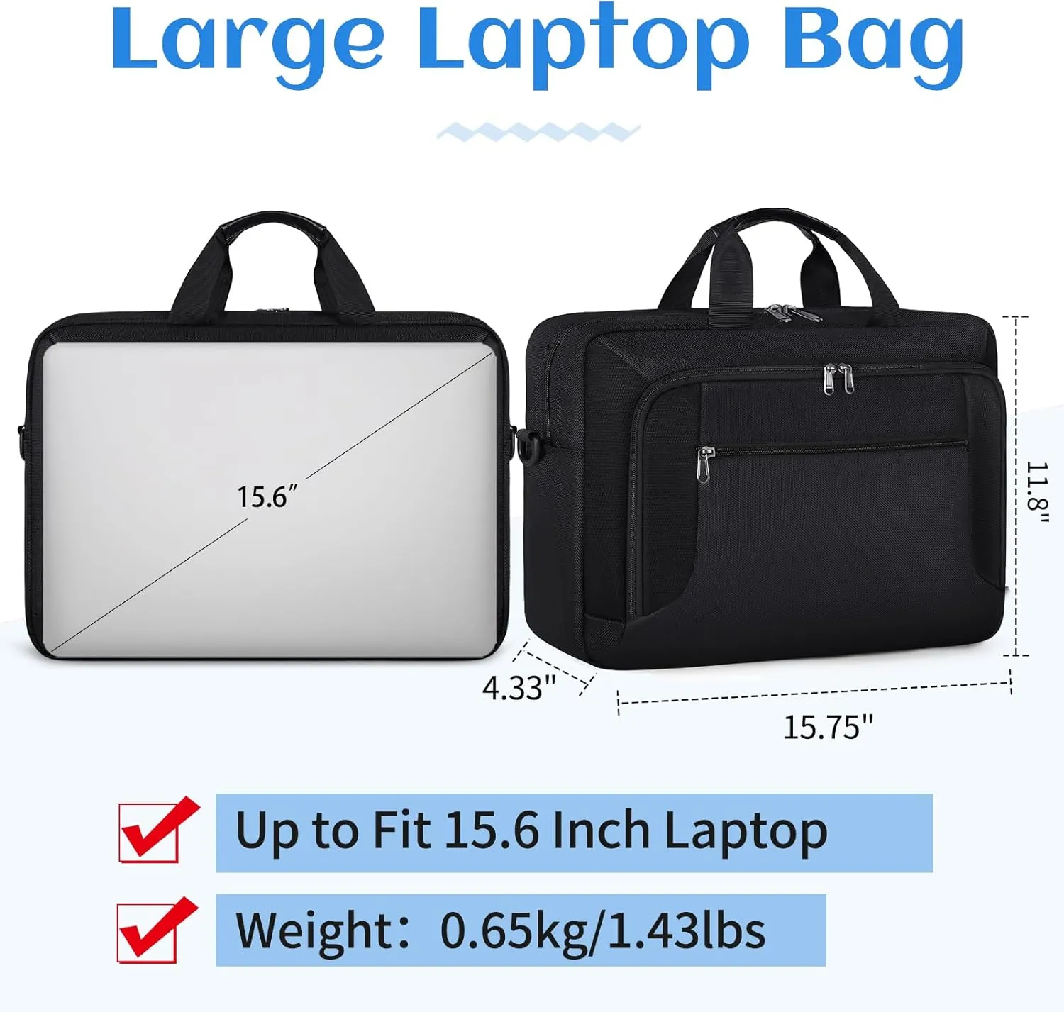 Laptop Bag 15.6 Inch Laptop Briefcase Computer Bag for Men Women Waterproof Business Office Work Large Laptop Case 15.6 Inch Adjustable Shoulder Messenger Bag Black