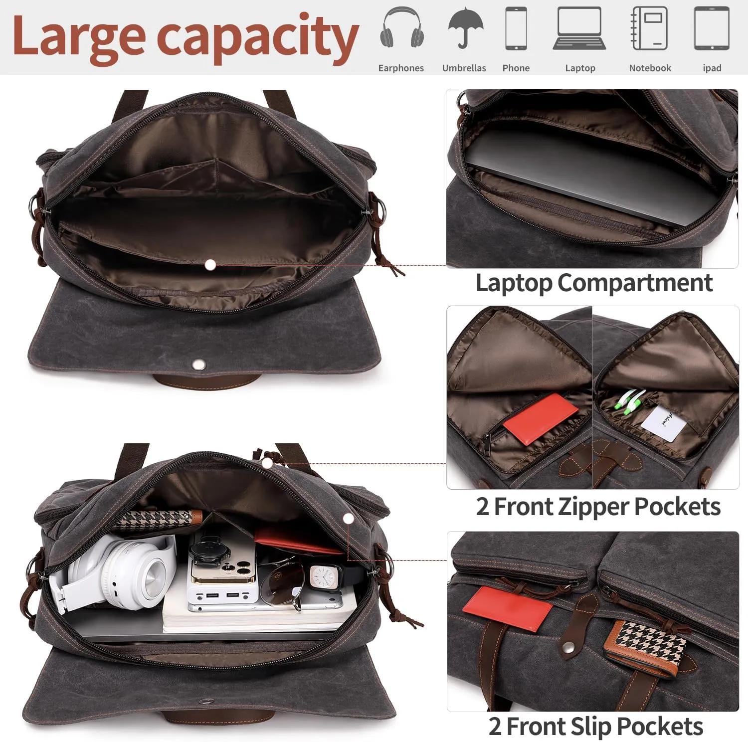 Laptop Bag for Men 15.6 Inch Messenger Bag Water-resistant Waxed Canvas Laptop Briefcase Computer Bag Shoulder Bag for Business Office Work, Black Gray
