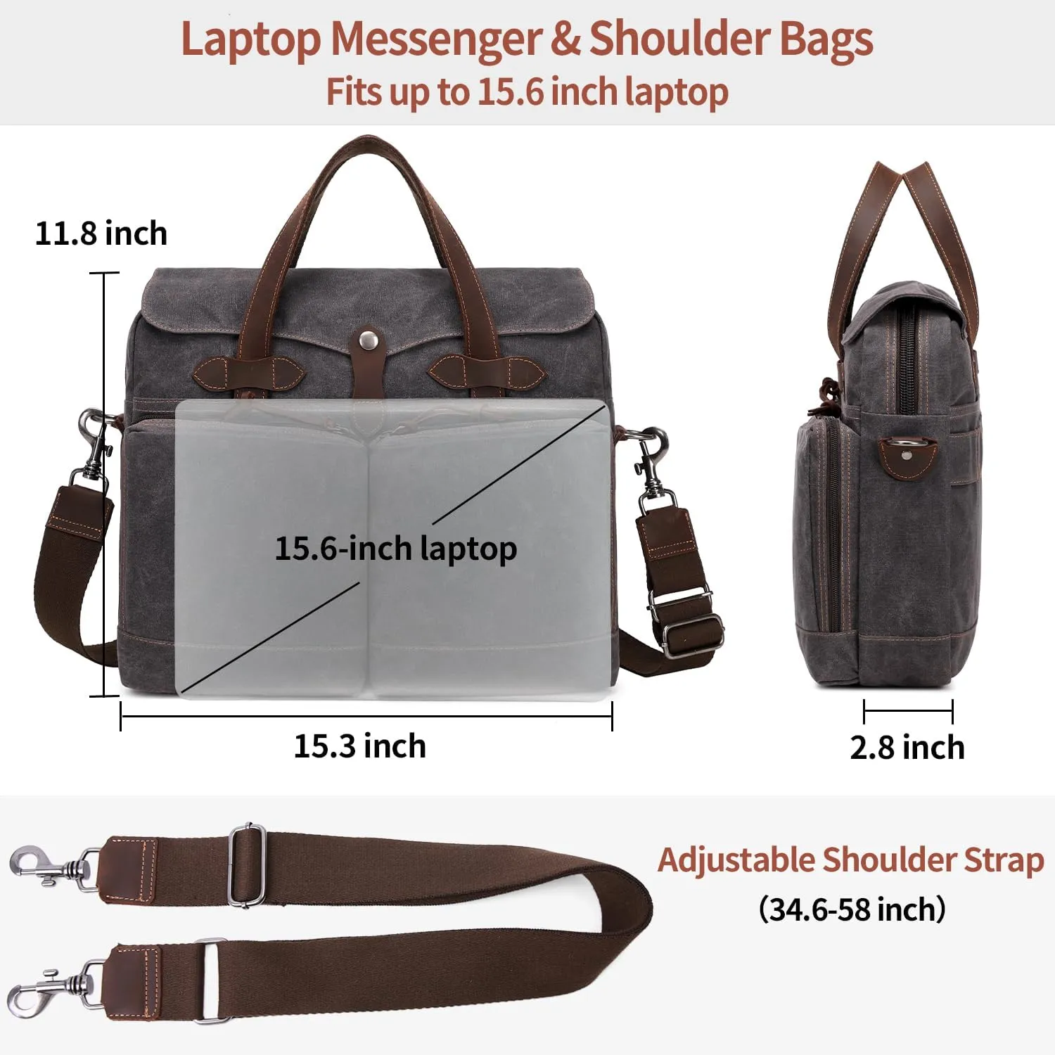 Laptop Bag for Men 15.6 Inch Messenger Bag Water-resistant Waxed Canvas Laptop Briefcase Computer Bag Shoulder Bag for Business Office Work, Black Gray