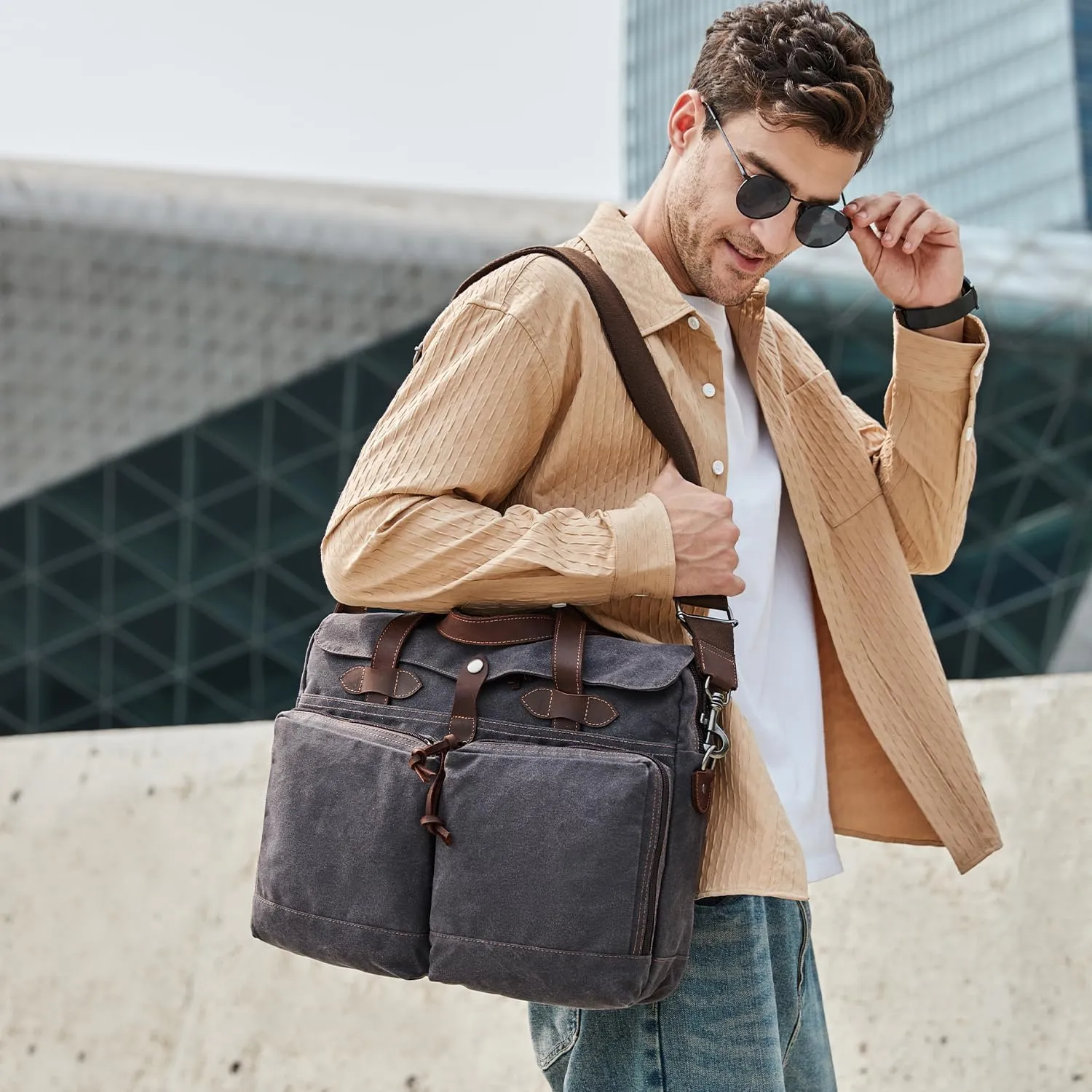 Laptop Bag for Men 15.6 Inch Messenger Bag Water-resistant Waxed Canvas Laptop Briefcase Computer Bag Shoulder Bag for Business Office Work, Black Gray
