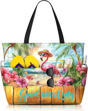 Large Beach Bag with 8 Pockets - Water-Resistant Tote for Women, Lightweight Foldable Travel Tote Bag for Pool