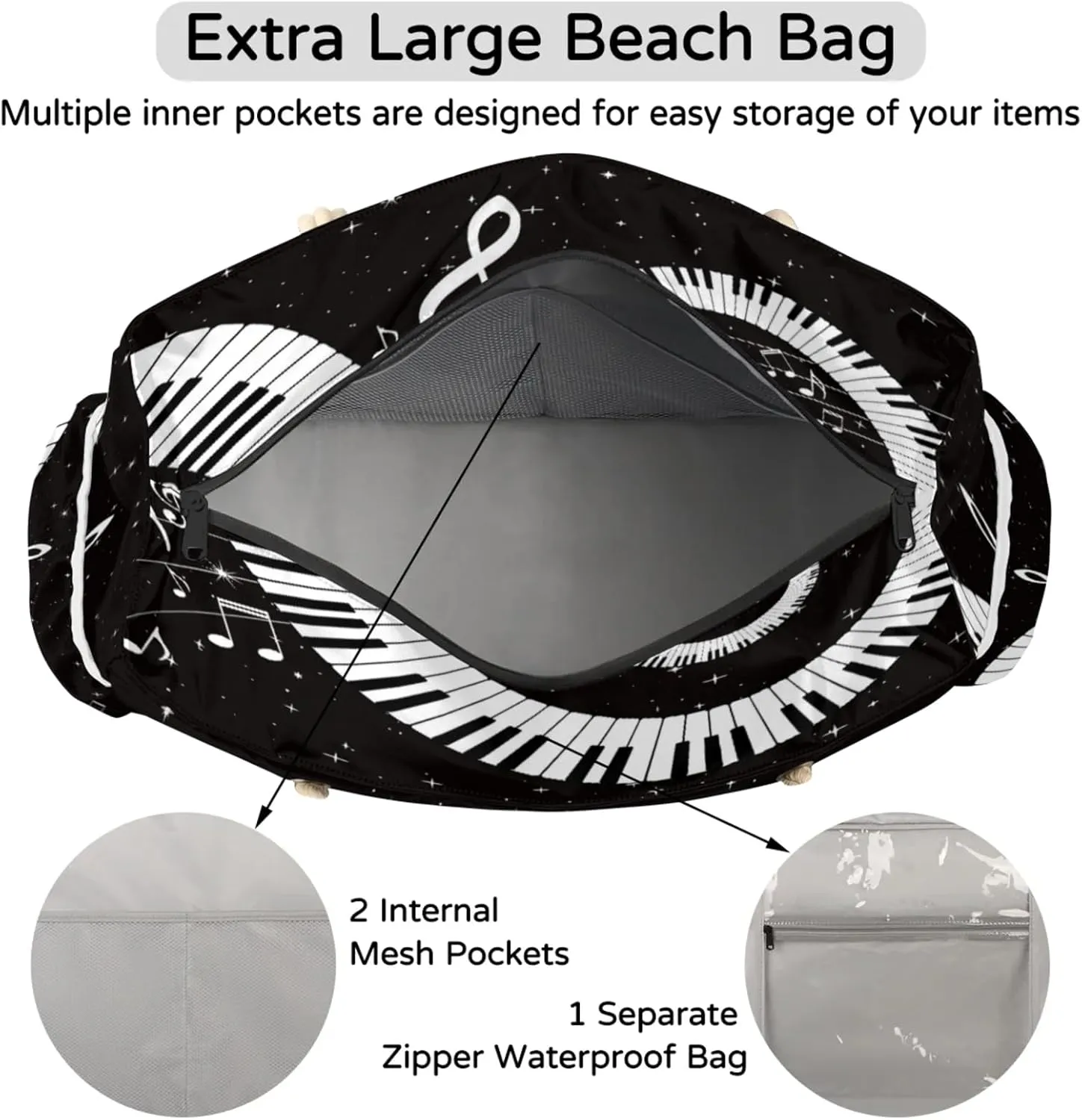 Large Beach Tote Bags for Women, Waterproof Beach Bag with Zipper, Swim Pool Tote Bags
