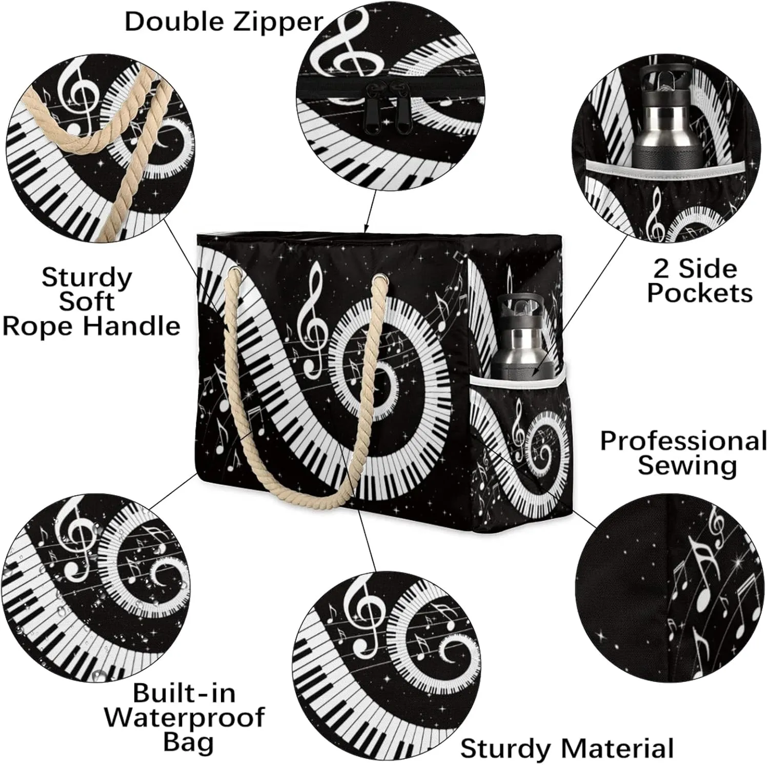 Large Beach Tote Bags for Women, Waterproof Beach Bag with Zipper, Swim Pool Tote Bags