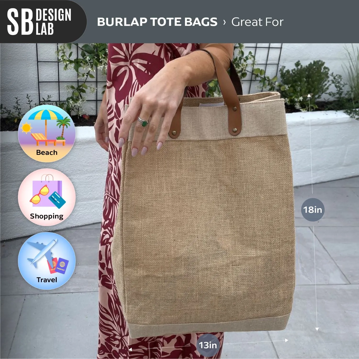 Large Burlap Tote Bags With Leather Handles & Inner Pocket (13" x 8" x 18") - 100% Natural Jute