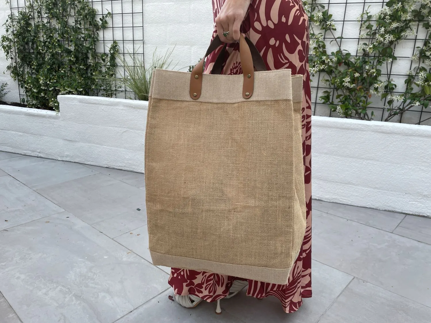 Large Burlap Tote Bags With Leather Handles & Inner Pocket (13" x 8" x 18") - 100% Natural Jute