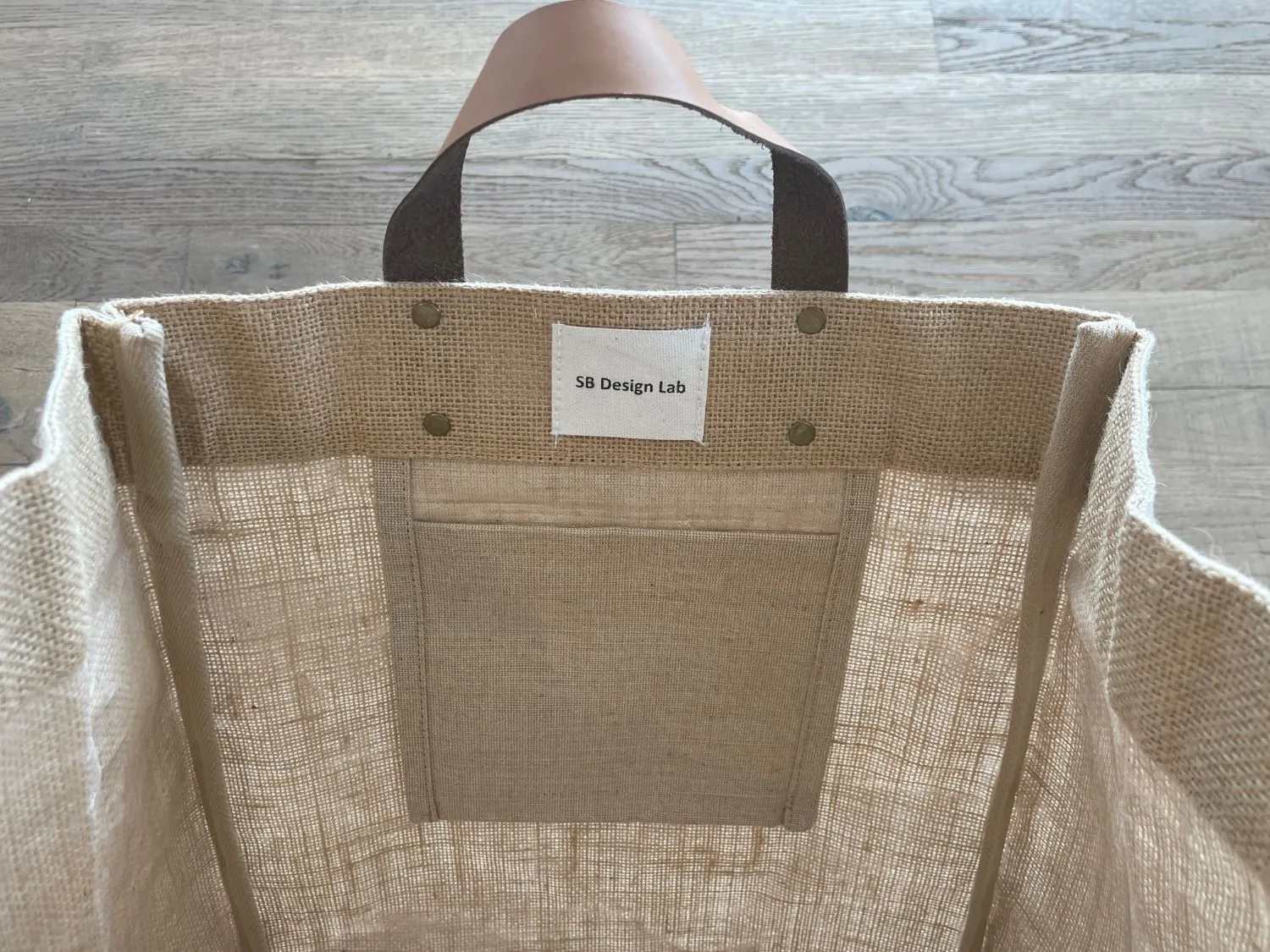 Large Burlap Tote Bags With Leather Handles & Inner Pocket (13" x 8" x 18") - 100% Natural Jute
