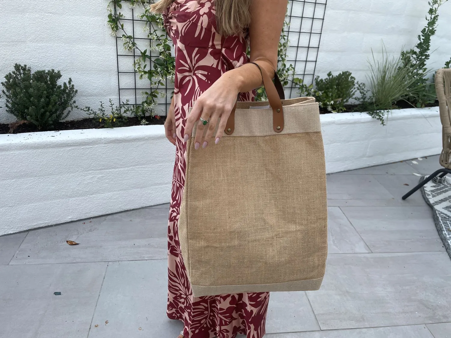 Large Burlap Tote Bags With Leather Handles & Inner Pocket (13" x 8" x 18") - 100% Natural Jute