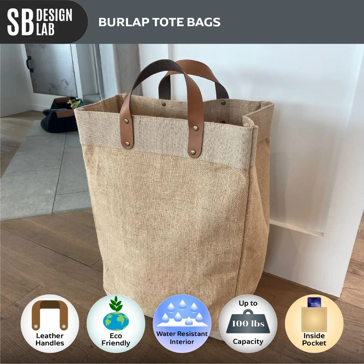 Large Burlap Tote Bags With Leather Handles & Inner Pocket (13" x 8" x 18") - 100% Natural Jute