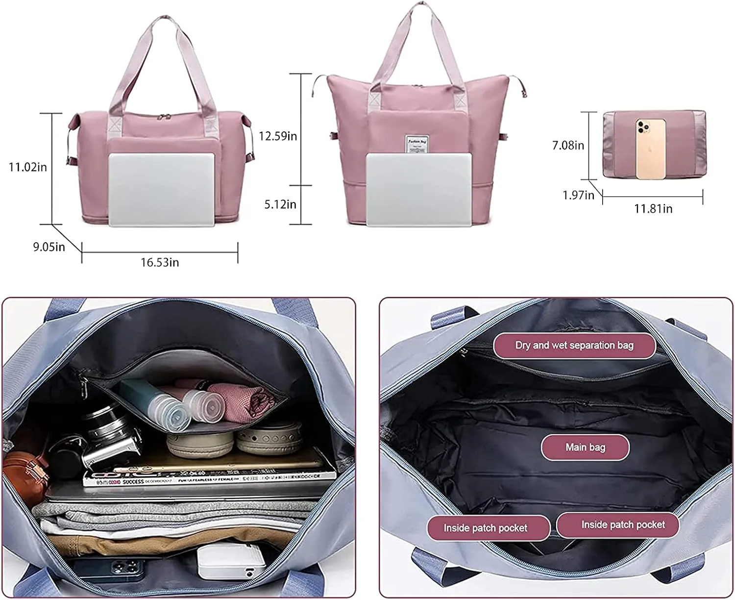 Large Capacity Folding Travel Bag,Travel Lightweight Waterproof Carry on Luggage Bags,Dry&Wet Separation Foldable Duffle Bag,Oxford Fabric Duffel Bag for Expandable Weekender Sports, Gym,