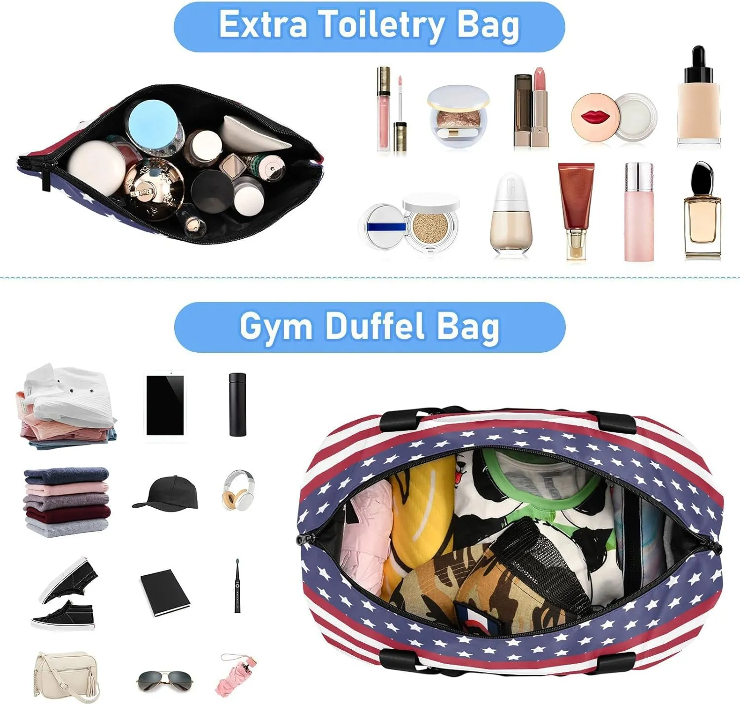 Large Gym Bag Usa Flag 4th July Sports Travel Duffel Bag,Weekender Overnight Bag with Wet Pocket and Shoes Compartment for Women Girls Travel, Gym, Yoga, School