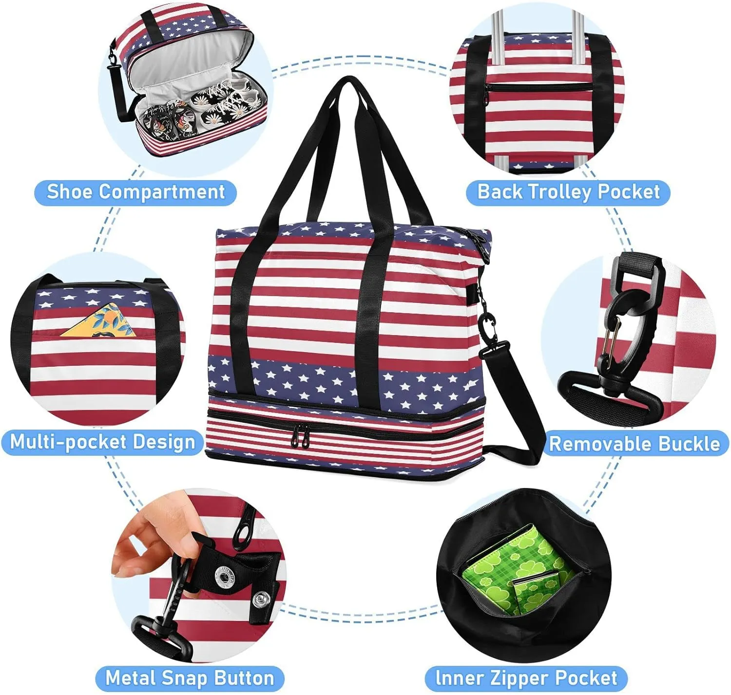 Large Gym Bag Usa Flag 4th July Sports Travel Duffel Bag,Weekender Overnight Bag with Wet Pocket and Shoes Compartment for Women Girls Travel, Gym, Yoga, School
