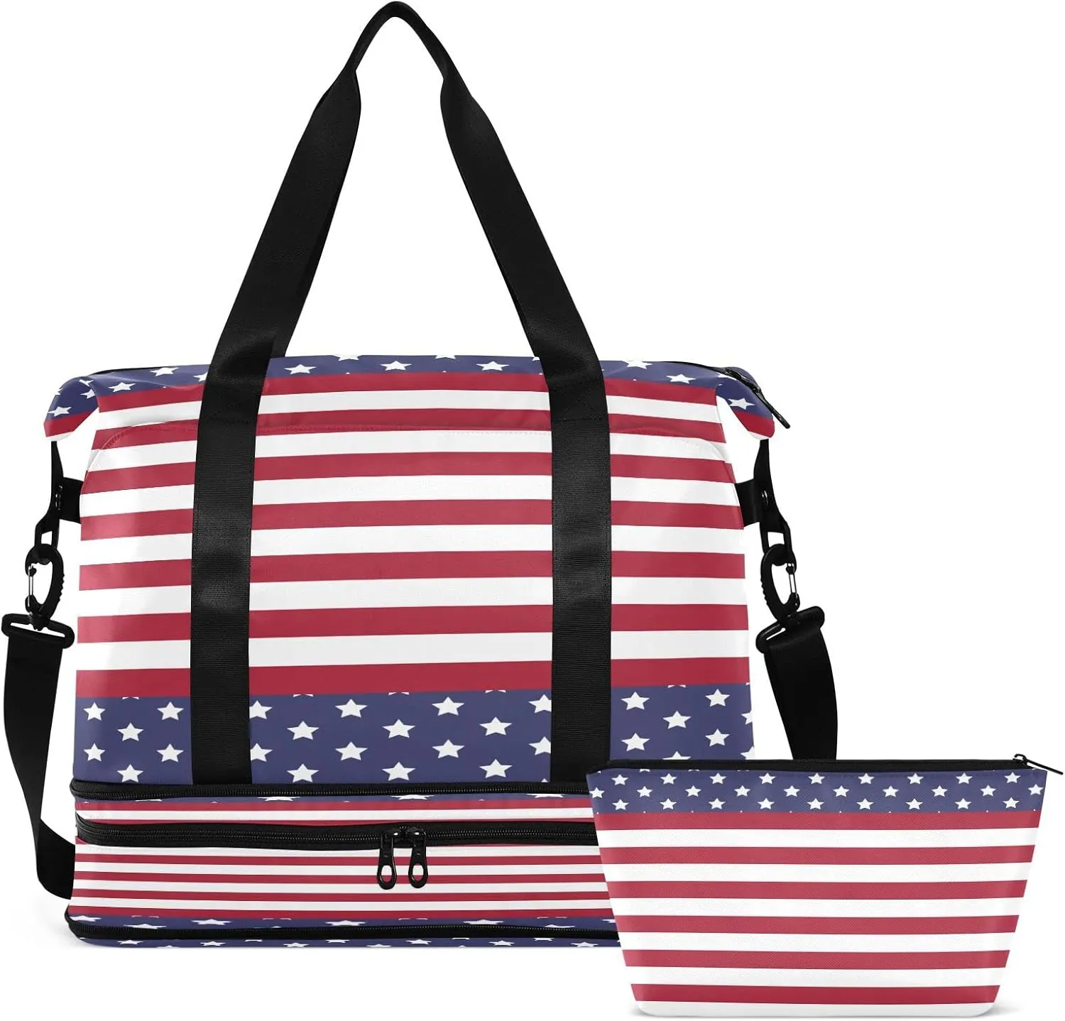 Large Gym Bag Usa Flag 4th July Sports Travel Duffel Bag,Weekender Overnight Bag with Wet Pocket and Shoes Compartment for Women Girls Travel, Gym, Yoga, School