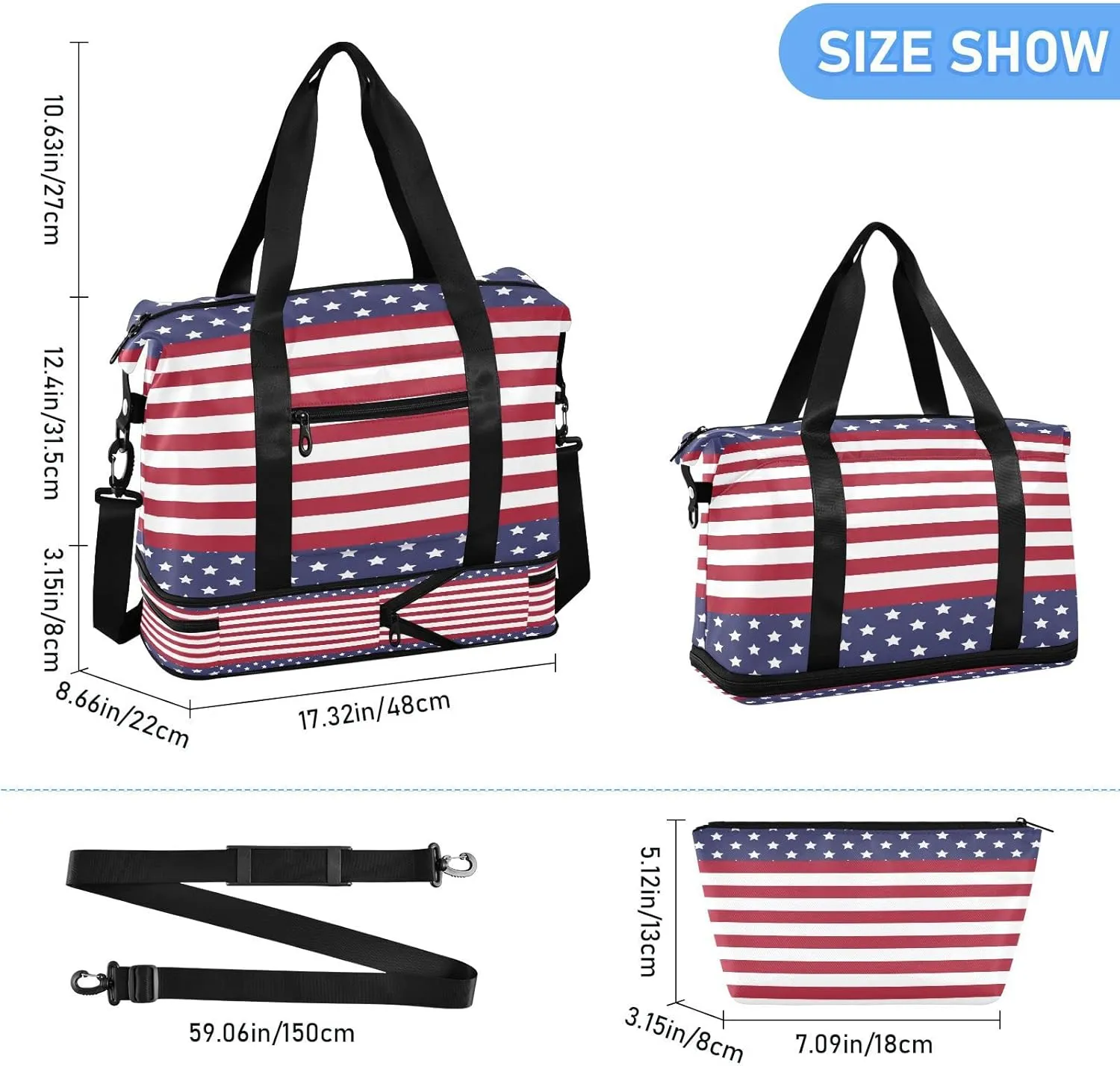 Large Gym Bag Usa Flag 4th July Sports Travel Duffel Bag,Weekender Overnight Bag with Wet Pocket and Shoes Compartment for Women Girls Travel, Gym, Yoga, School