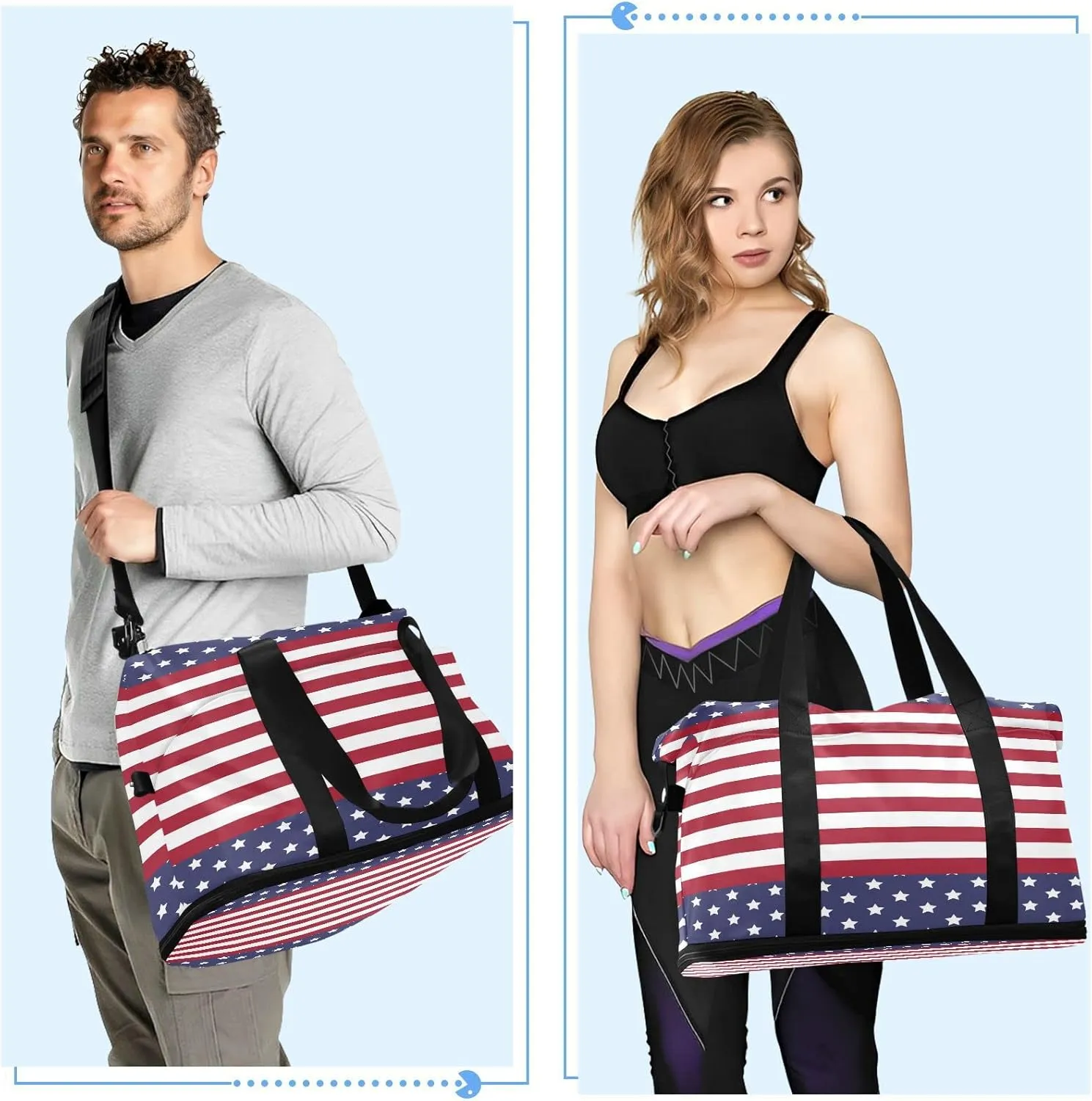 Large Gym Bag Usa Flag 4th July Sports Travel Duffel Bag,Weekender Overnight Bag with Wet Pocket and Shoes Compartment for Women Girls Travel, Gym, Yoga, School