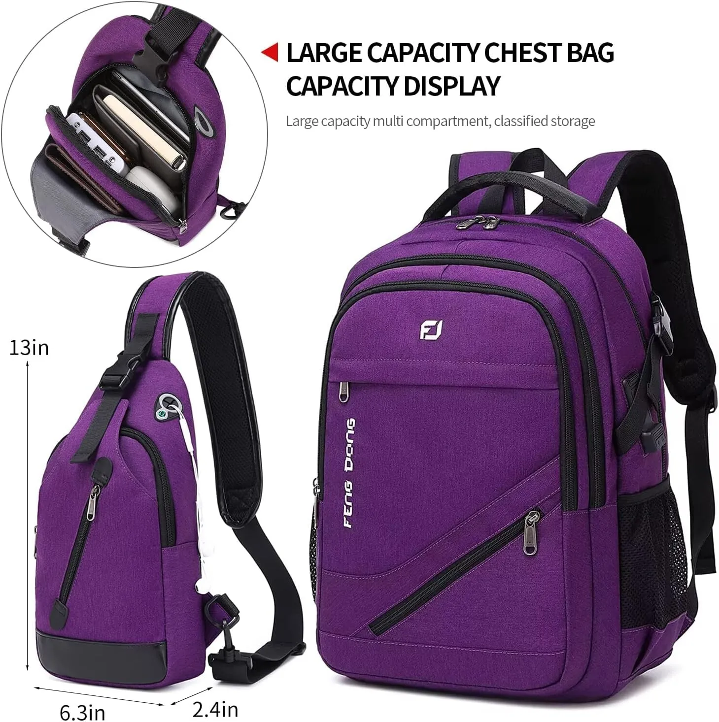 Large Laptop Backpack 17.3 inch Waterproof Travel College Backpack Bookbag,Crossbody Sling Bags for Men & Women Business Backpack Dark Purple