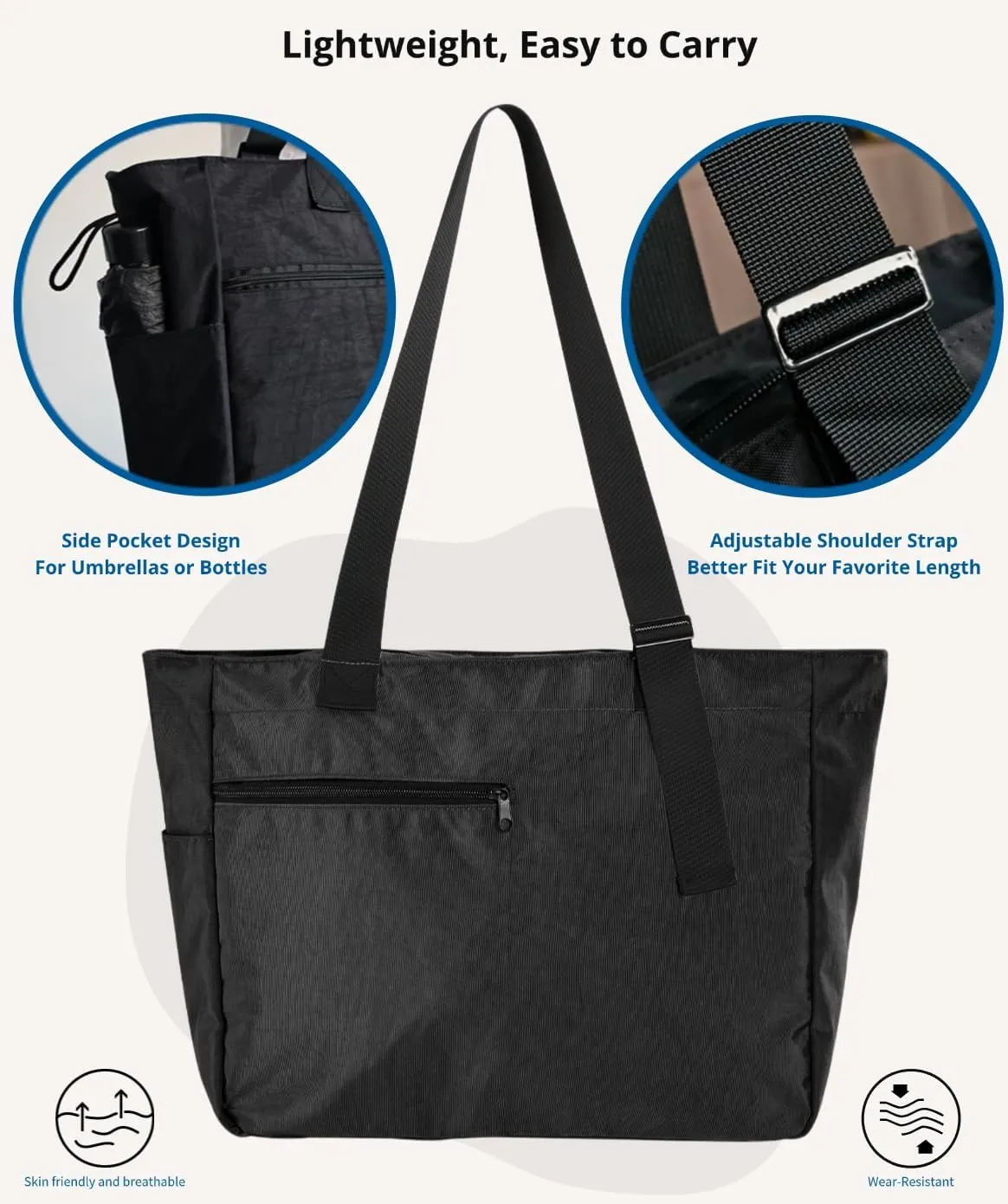 Large Tote Bag for Women Versatile Lightweight Adjustable Strap Shoulder Handbag with Zipper for Gym,Travel, Work,Beach