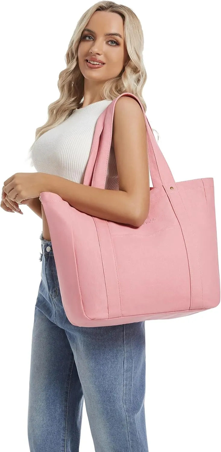 Large Tote Bag for Women with Zipper Closure and Laptop Compartment Canvas Shoulder Bag for Work Holiday and Travel
