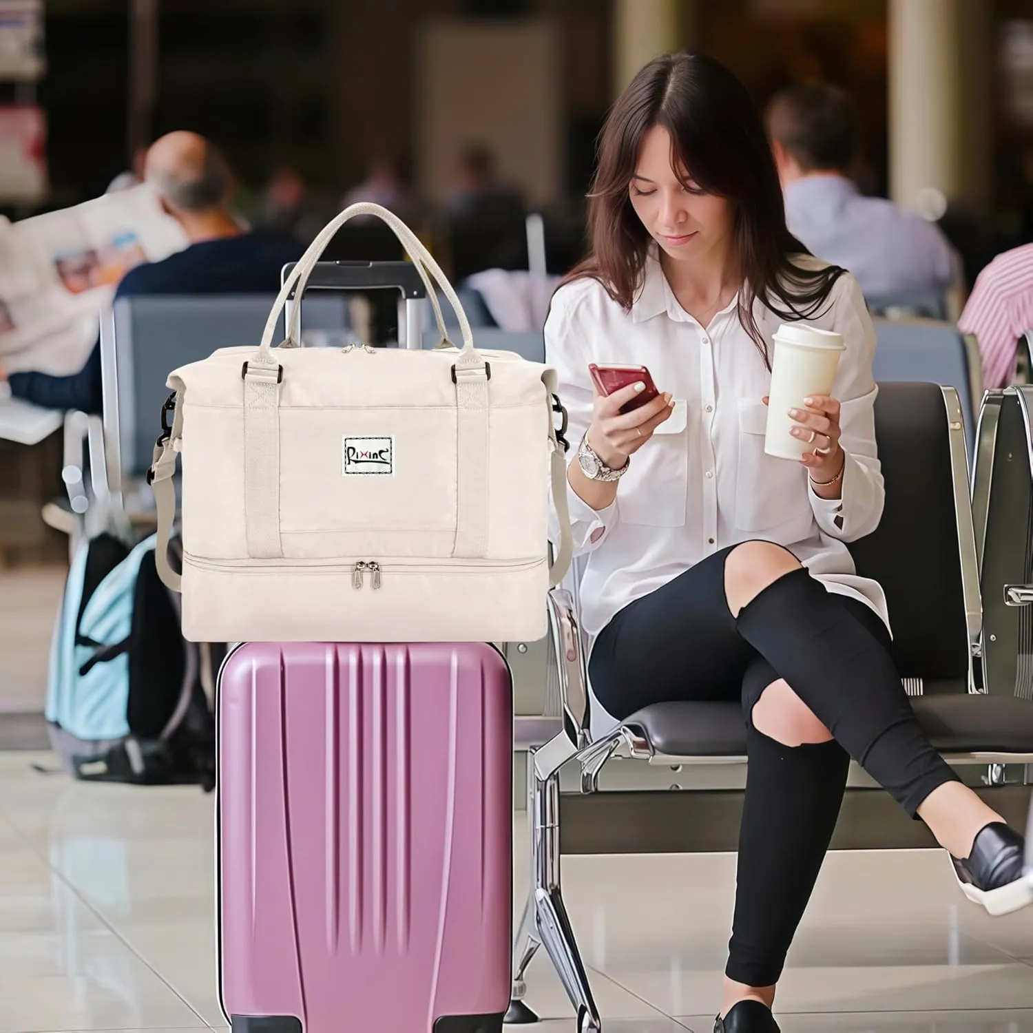 Large Travel Duffle Bag Weekender Bags for Women with Shoes Compartment, Travel Duffel Tote Carry on Overnight Bag for Travel Business Trips, Sport Yoga Gym Bag with Wet Pocket (Beige)