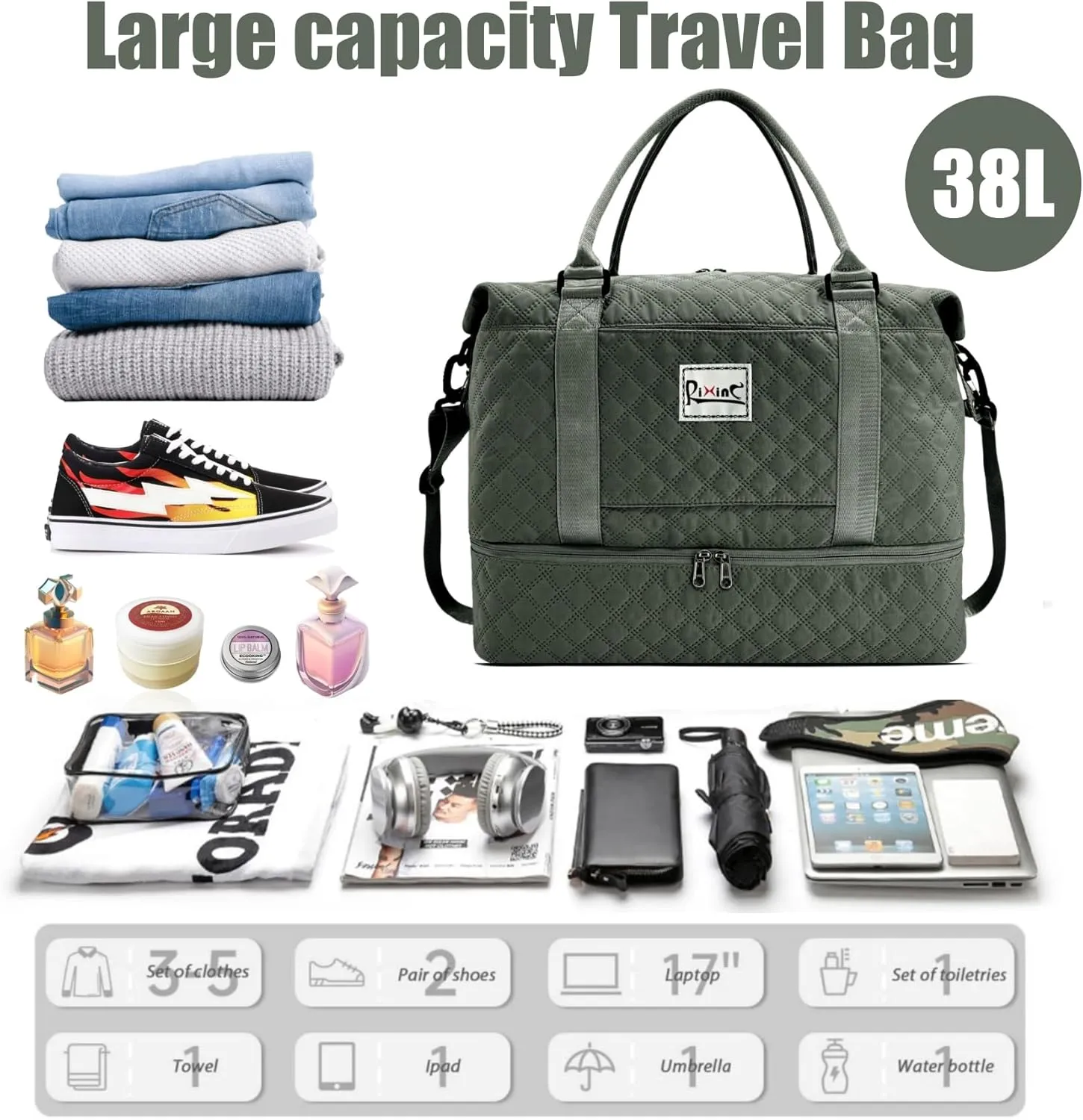 Large Travel Duffle Bag Weekender Bags for Women with Shoes Compartment, Travel Duffel Tote Carry on Overnight Bag for Travel Business Trips, Sport Yoga Gym Bag with Wet Pocket (Olive Green)
