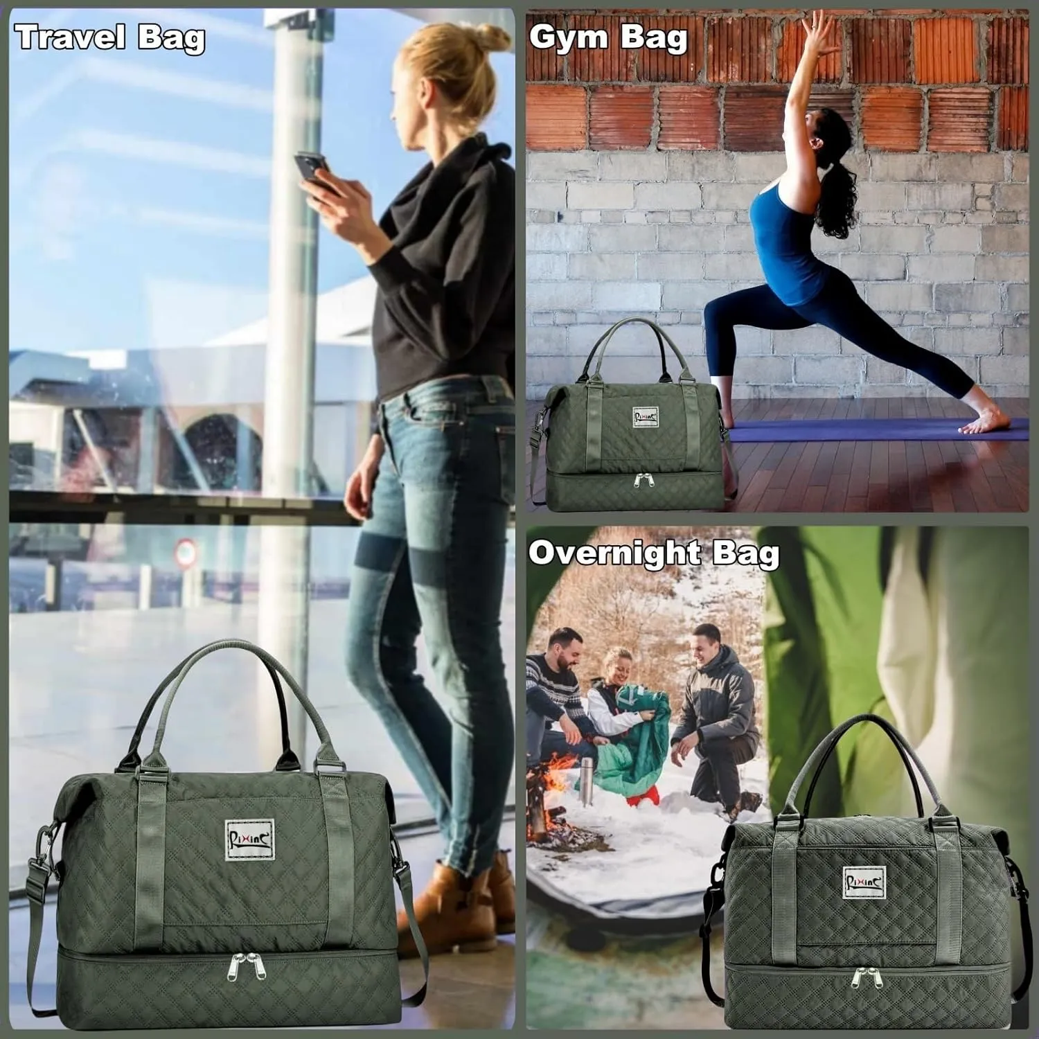Large Travel Duffle Bag Weekender Bags for Women with Shoes Compartment, Travel Duffel Tote Carry on Overnight Bag for Travel Business Trips, Sport Yoga Gym Bag with Wet Pocket (Olive Green)