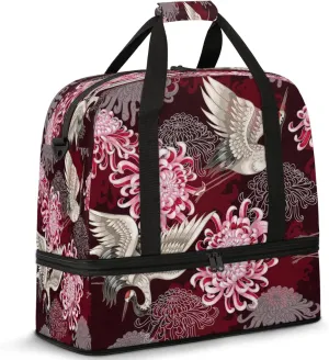 Large Weekender Overnight Bags Travel Duffel Bag for Women Men Japanese Flower Crane Gym Bags With Shoe Compartment Foldie Travel Tote Bag Carry On Personal Item Bag for Travel Gym Sports
