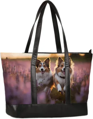 Lavender Flower Field Cute Dogs Laptop Tote Bag for Women Lightweight Work Purse with Multiple Compartments Fits 13-15.6 Inch Laptop Tablet Shoulder Bag for Office Travel Daily Use
