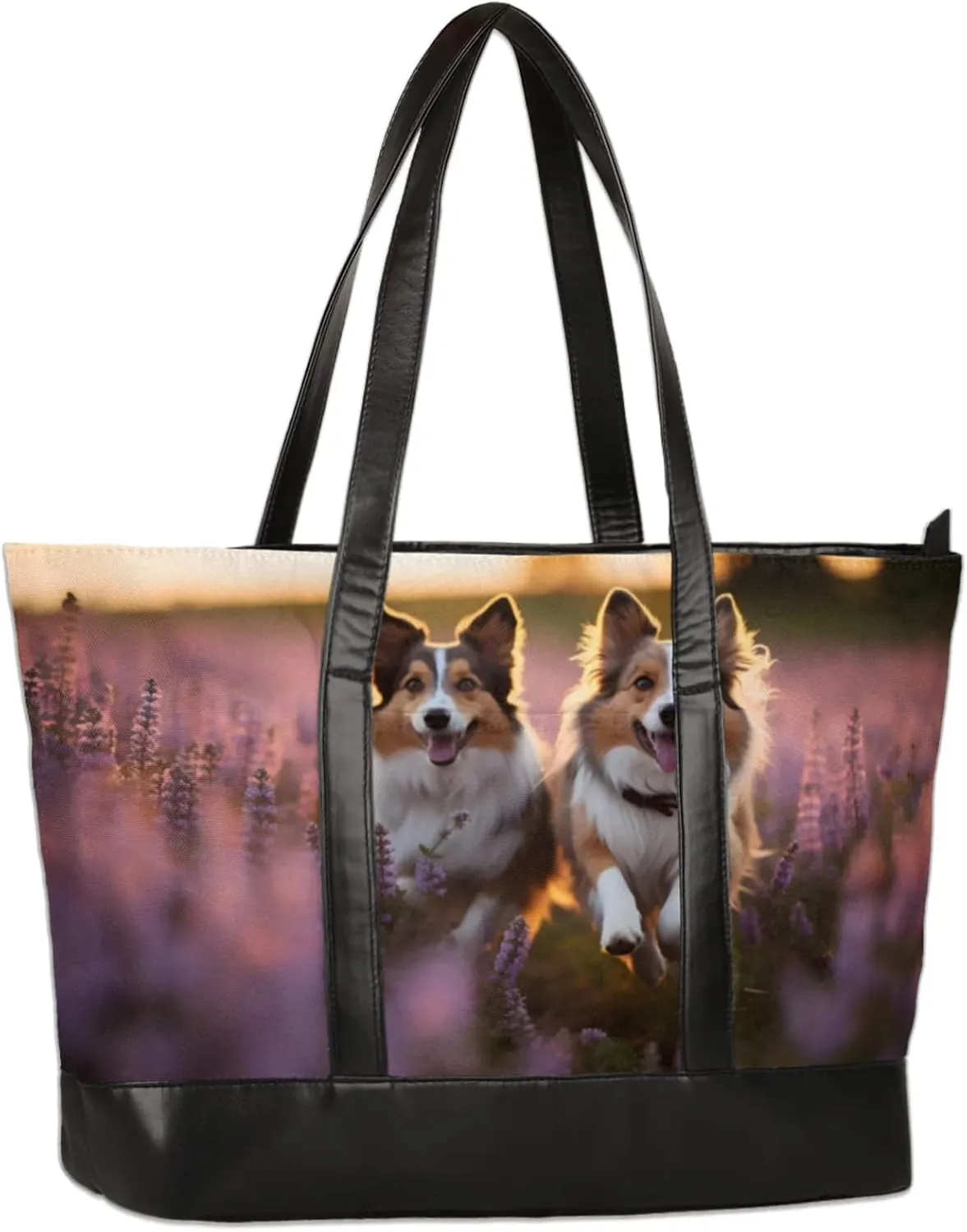 Lavender Flower Field Cute Dogs Laptop Tote Bag for Women Lightweight Work Purse with Multiple Compartments Fits 13-15.6 Inch Laptop Tablet Shoulder Bag for Office Travel Daily Use