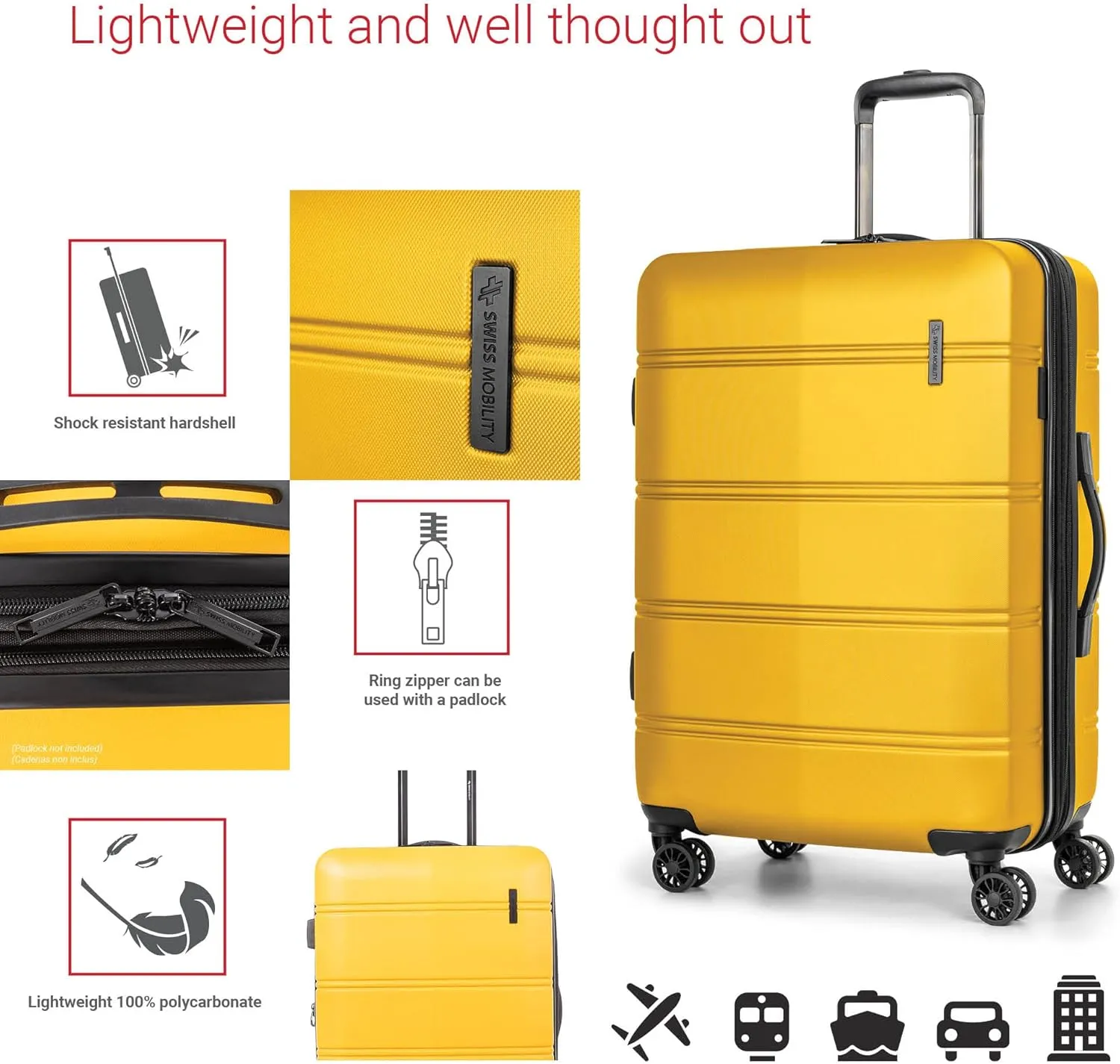 LAX Collection Hard Shell Spinner Carry On Luggage for Airplanes, Rolling Suitcase with 360-Degree Spinner Wheels, Retractable Handle, Airline Approved, 20 Inch, Yellow