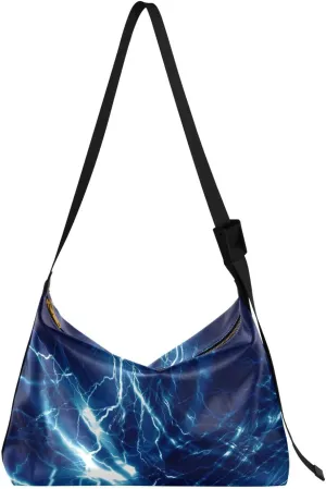 Leather Hobo Tote Bags for Women Men,Flash Sparks Blue Trendy Messenger Bag Crossbody Large Size Cool Lightning Shiny Casual Shoulder Bag Handbag for Travel Shopping Work